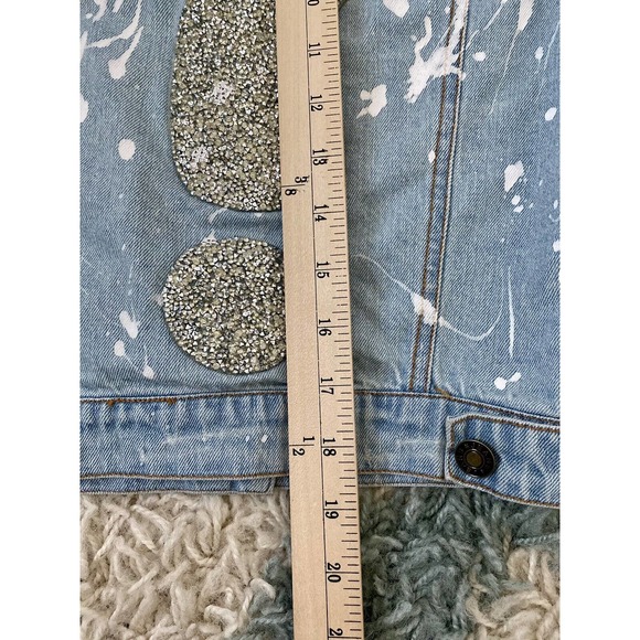 Ross Disera Denim Blue Distressed Jean Jacket DIY Glitter Question Upcycle M - Picture 7 of 7